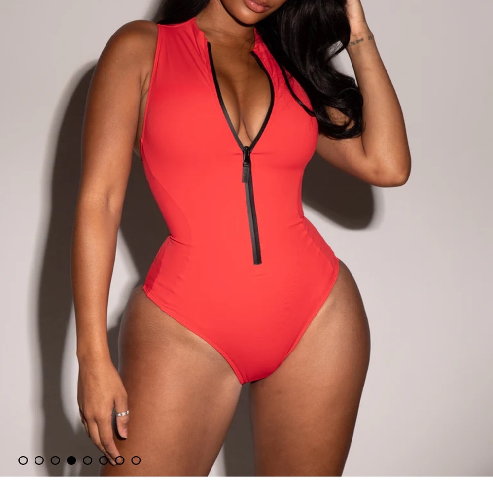 TA3, Sleeveless Surfy, Red & Black One-Piece Swimsuit Zipper built in corset